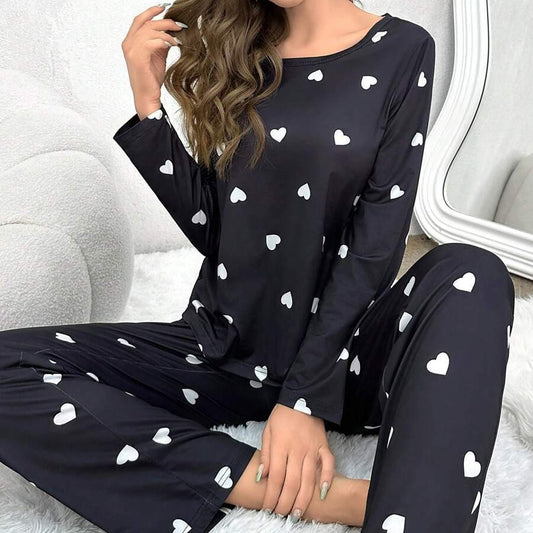 Heart Printing Round Neck Long Sleeve Trousers Set