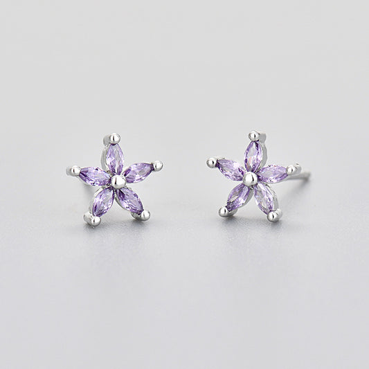 Colored Diamond Five-petal Flower Horse-eye Stone Stud Earrings