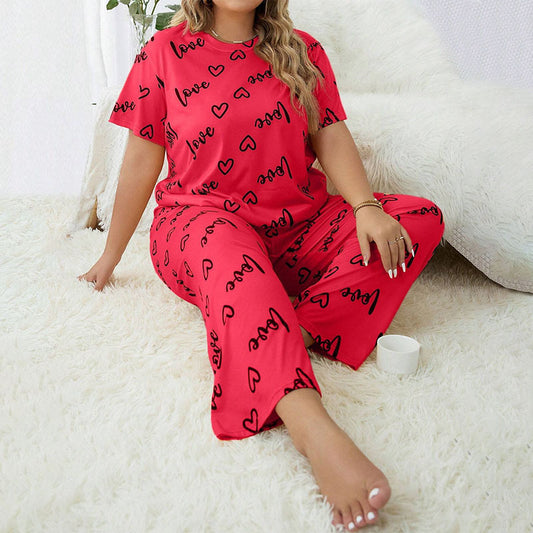 Women's Plus-sized Heart Printing Round Neck Short-sleeved Trousers Pajamas Set