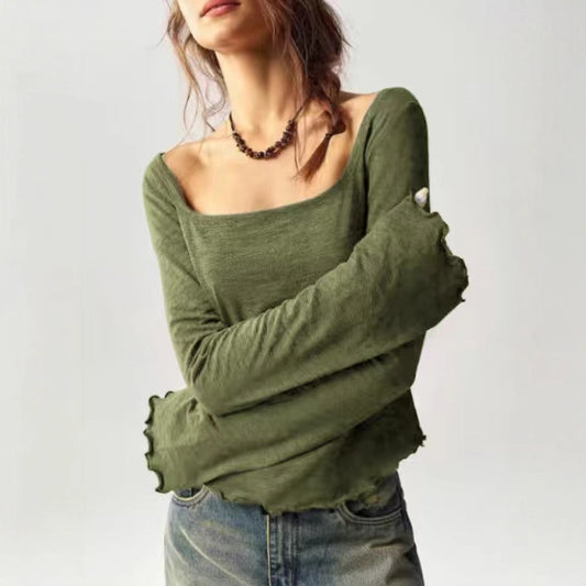 Womens Casual Solid-Color Knitted Top With A Square Neck And Flared Sleeves
