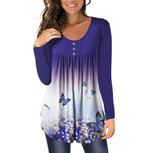 Casual Shirt Long-sleeved Pleated Gradation Comfortable Top