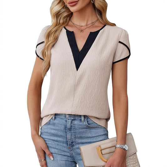 Fashionable Color-Block V-Neck Petal-Shape Short-Sleeve Blouse For Women
