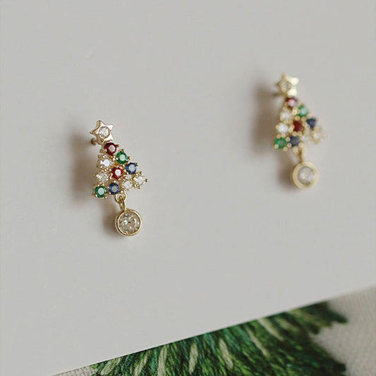 European And American Niche Color Diamond Christmas Tree Water Drop Earrings