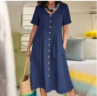 Spring And Summer New Solid Color Loose High Waist Cotton And Linen Dress