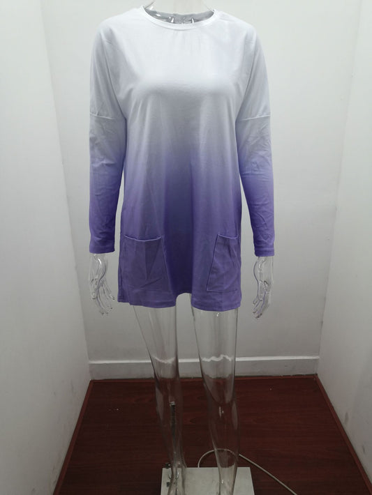 Gradient Color Long Sleeved Casual Pocket T Shirt