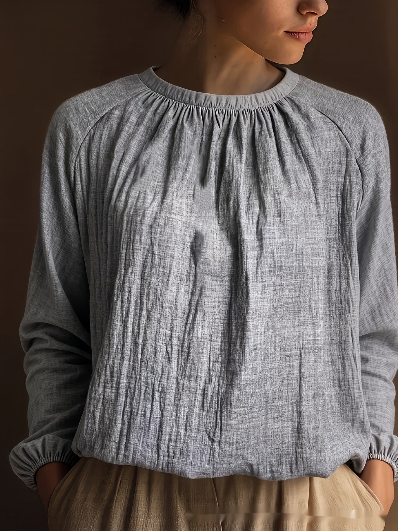 Womens Solid-Color Elegant And Minimalist Linen Long-Sleeve Top