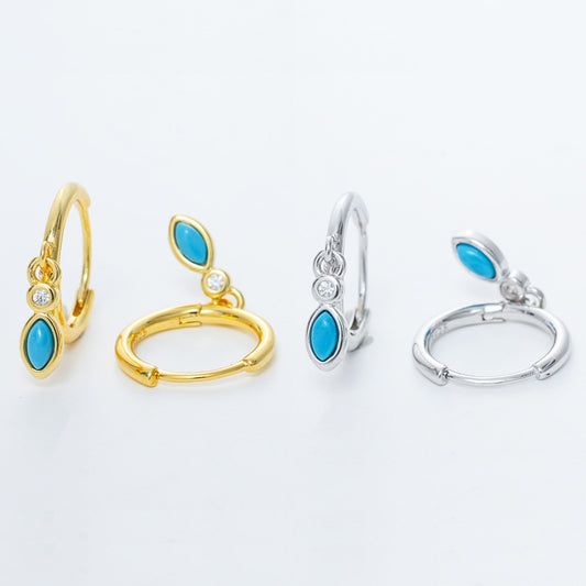 925 Sterling Silver Round Wire Turquoise Waterdrop Hoop Earrings
