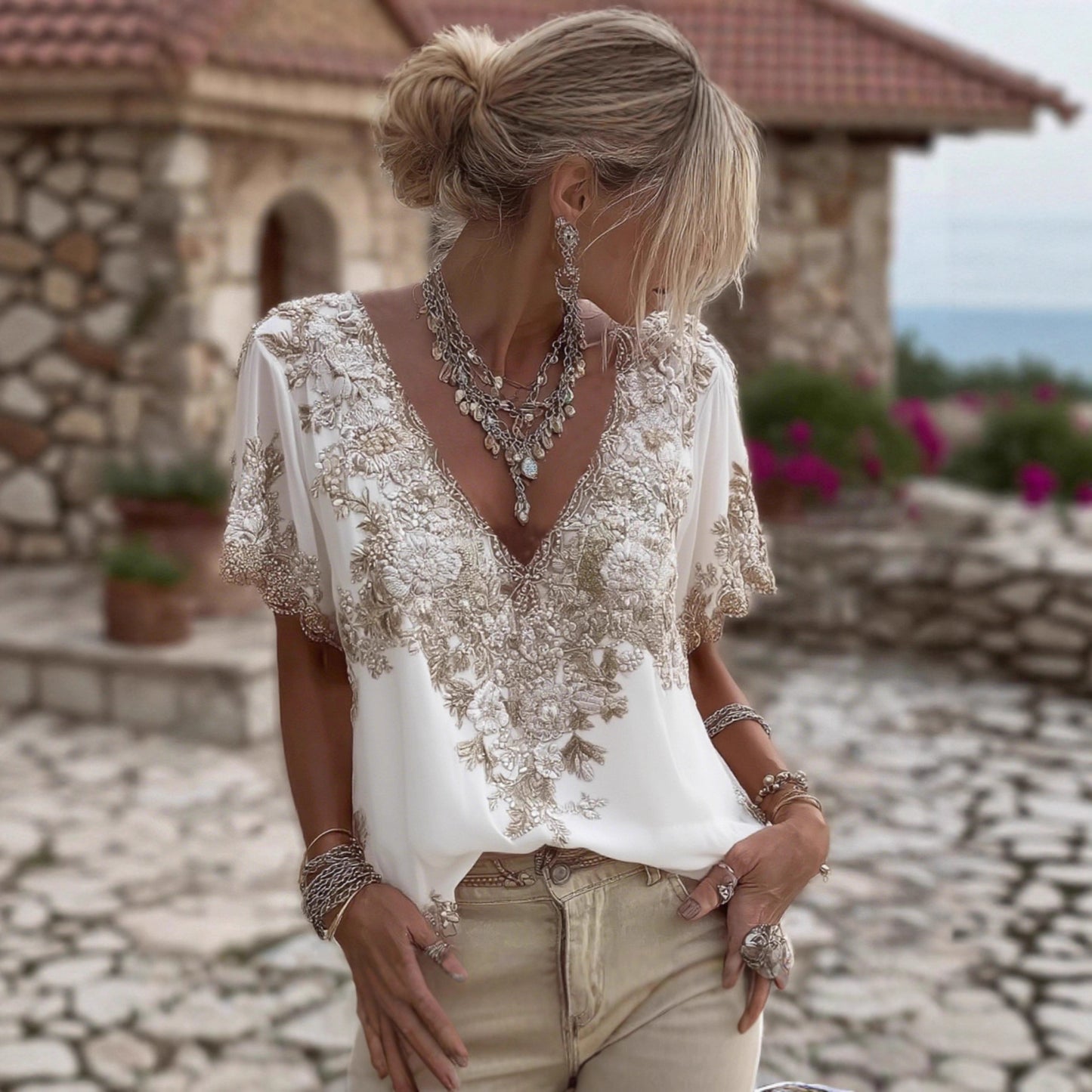 Womens V neck 3D printed Short sleeve Top With An Elegant  Artistic  And Vintage Vibe