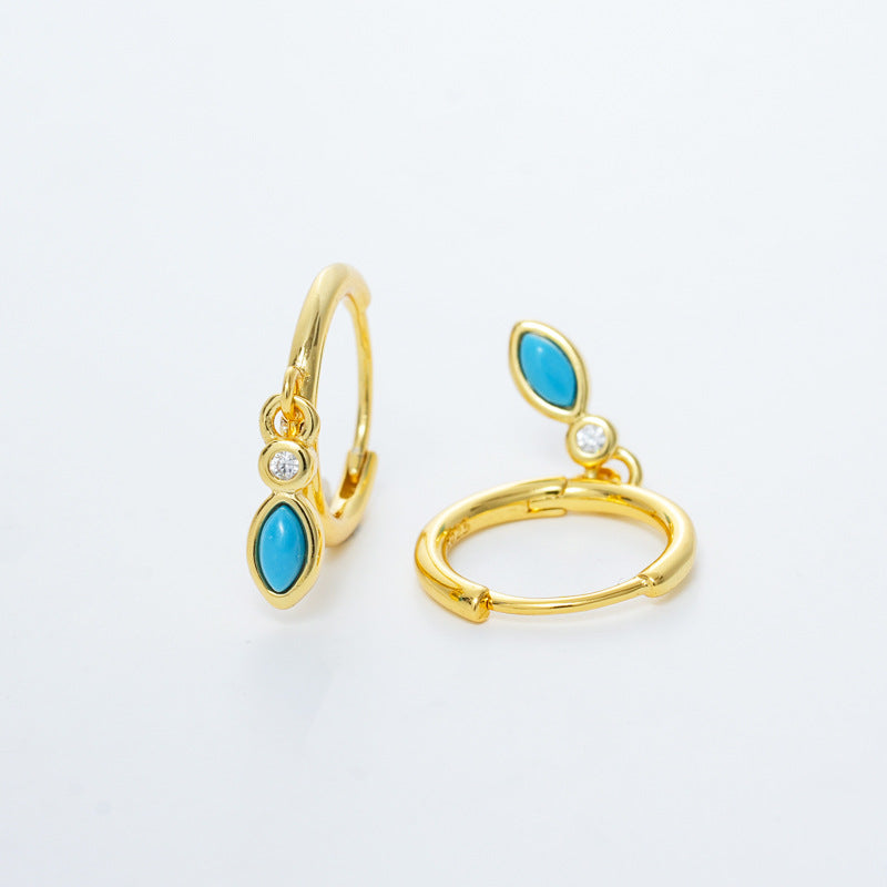 925 Sterling Silver Round Wire Turquoise Waterdrop Hoop Earrings