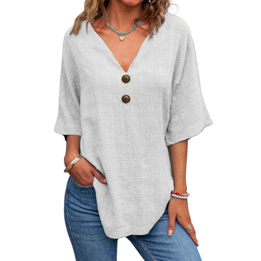 Casual V-neck Short Sleeve Button Top