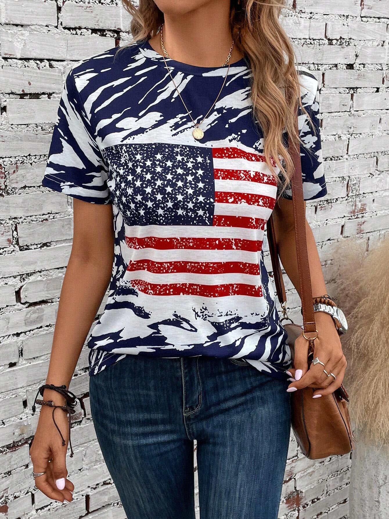 Women's Flag Print T-shirt Crew Neck