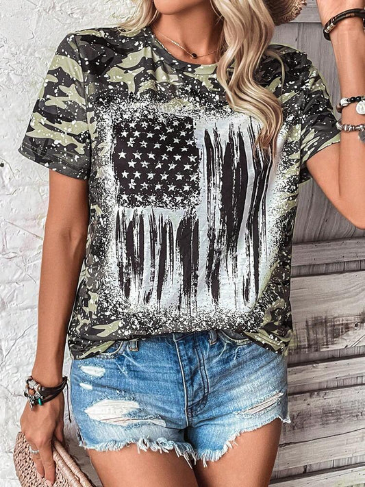 Women's Flag Print T-shirt Crew Neck