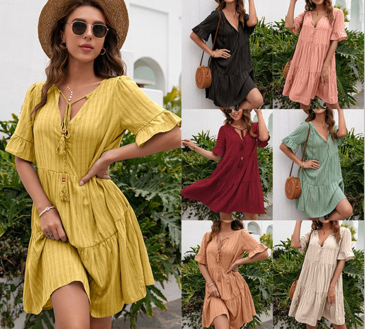 Spring And Summer New Women's Loose Casual Mid-length V-neck Dress