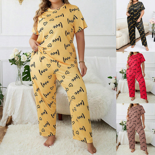 Women's Plus-sized Heart Printing Round Neck Short-sleeved Trousers Pajamas Set