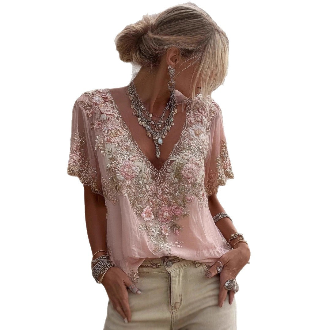 Womens V neck 3D printed Short sleeve Top With An Elegant  Artistic  And Vintage Vibe