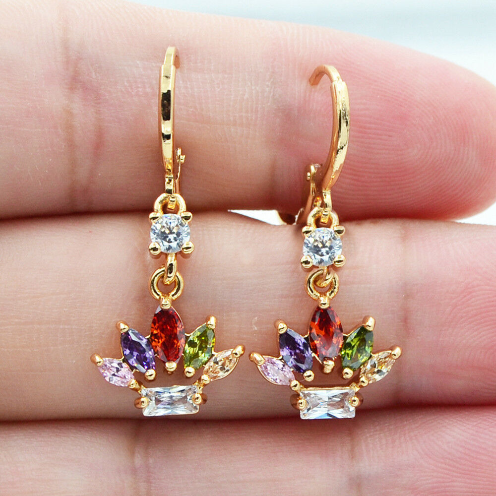 18k Gold-plated Crown Earrings With Colored Gemstones