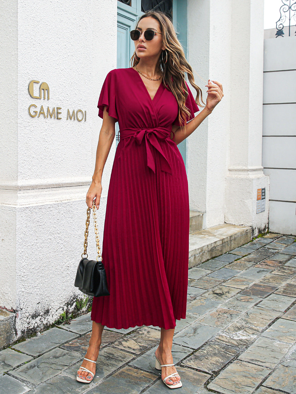 Spring Summer Casual Lotus Leaf Sleeves Lace-up Pleated Chiffon Maxi Dress