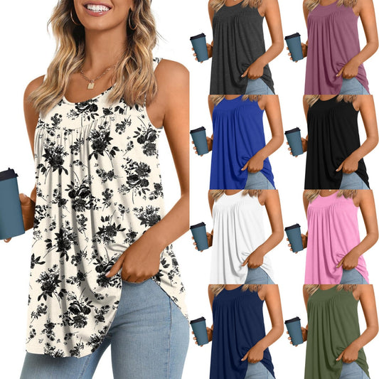 Women's Casual Long Sleeve Short Sleeve Shirt Print Round Neck Sleeveless