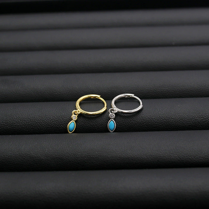 925 Sterling Silver Round Wire Turquoise Waterdrop Hoop Earrings