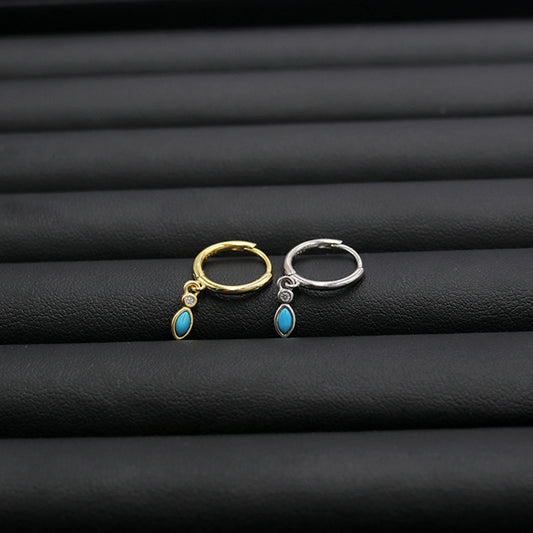 925 Sterling Silver Round Wire Turquoise Waterdrop Hoop Earrings