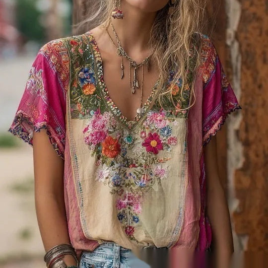 Womens V neck 3D printed Short sleeve Top With An Elegant  Artistic  And Vintage Vibe