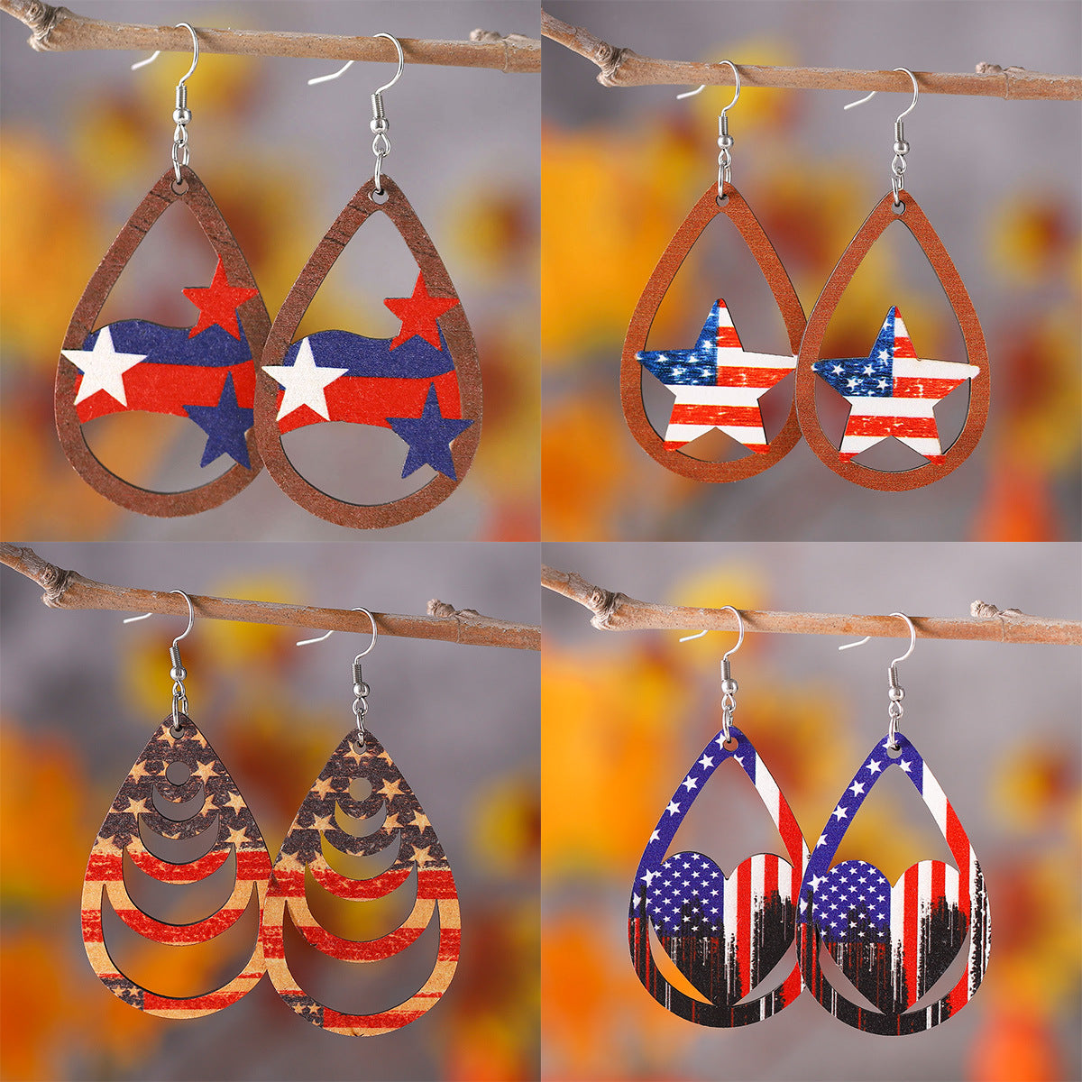 Independence Day Wood Stars Earrings