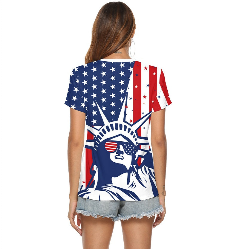 Women's American Flag V-neck Loose T-shirt