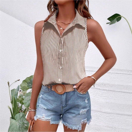 Womens Loose Casual Striped Printed Sleeveless Shirt