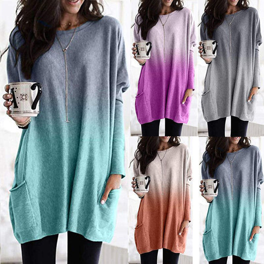 Gradient Color Long Sleeved Casual Pocket T Shirt