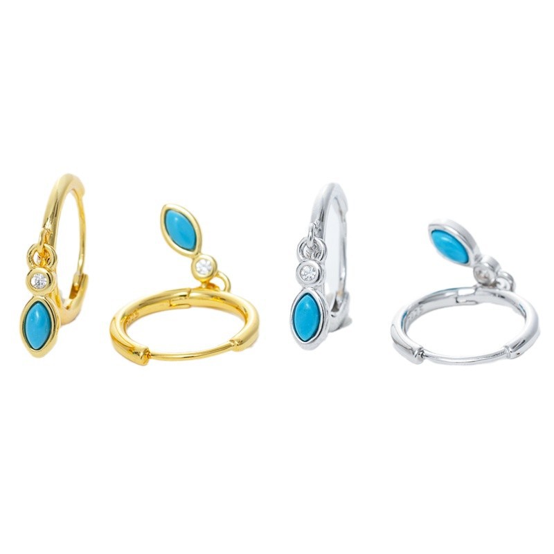 925 Sterling Silver Round Wire Turquoise Waterdrop Hoop Earrings