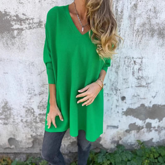 New Autumnwinter Women's Long-sleeve Knitted V-neck Loose-fitting Long Top