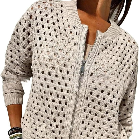 Womens Knitted Hollow-Out Crew-Neck Jacket With Zipper