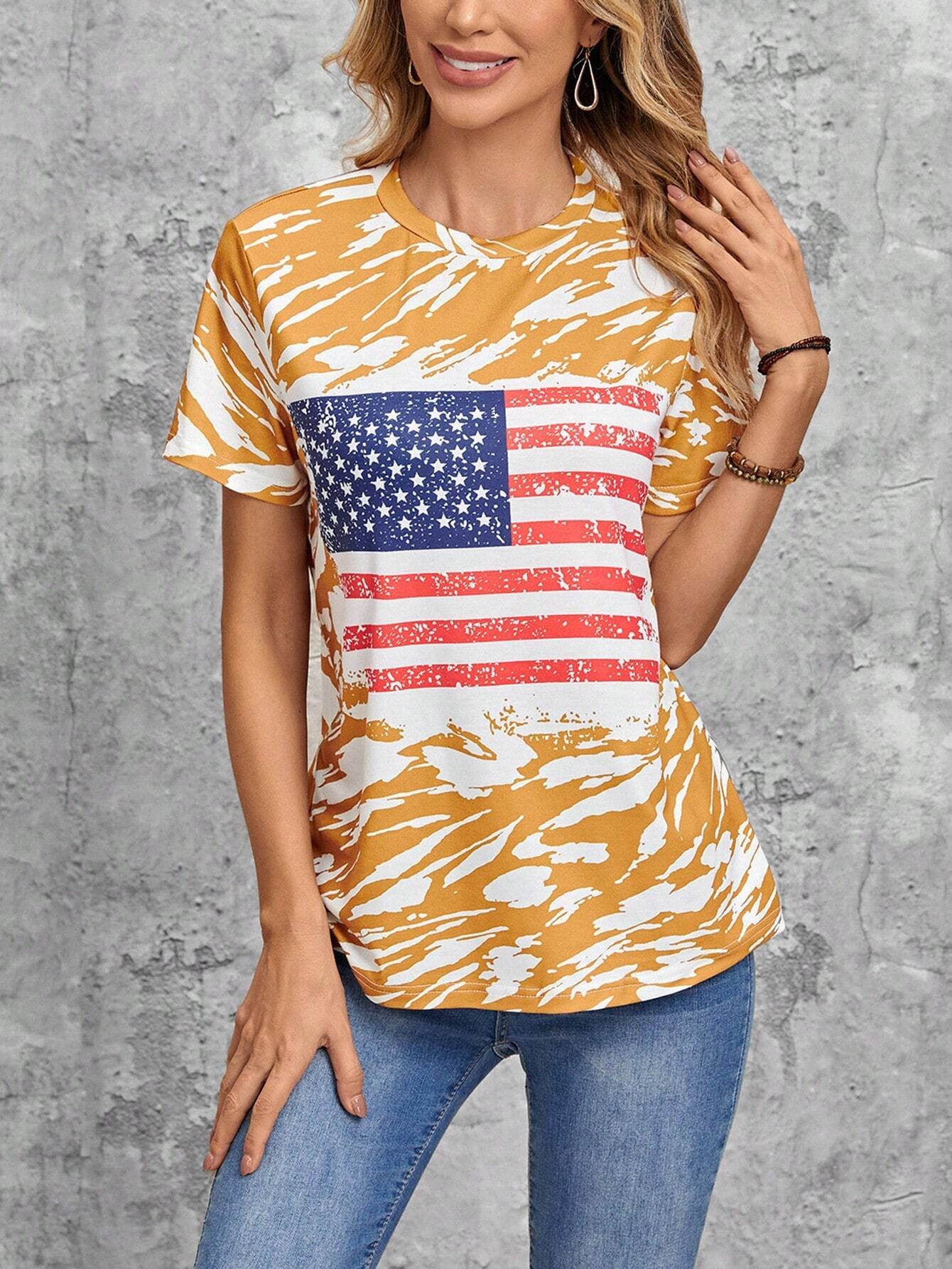 Women's Flag Print T-shirt Crew Neck