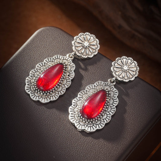 European And American Retro Bohemian Style Carved Ruby Earrings